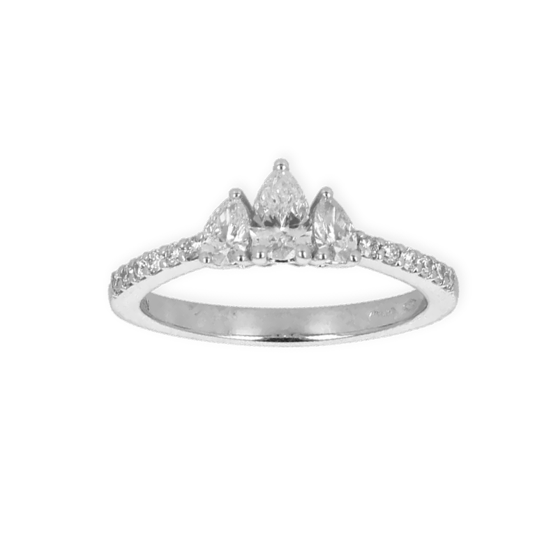 Anello Trilogy Oro Bianco 18K con Diamanti Taglio Goccia con Contorno Diamanti Round da 0.75 a 1.35 ct