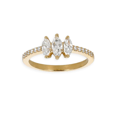 Anello trilogy oro giallo 18K con diamanti taglio navette con pavè diamanti round da 0.84 a 0.97 ct