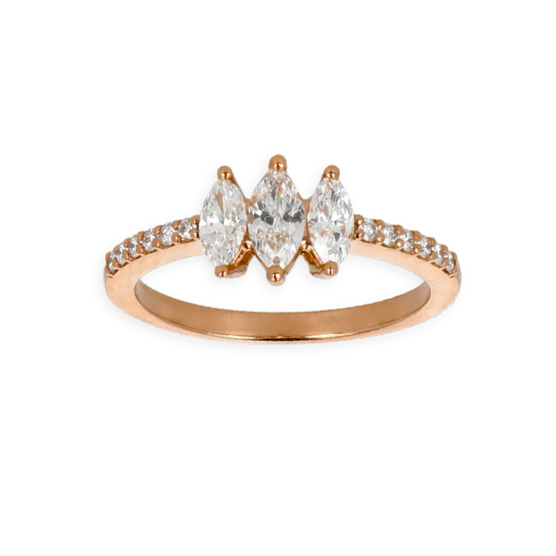 Anello trilogy oro rosa 18K con diamanti taglio navette con pavè diamanti round da 0.84 a 0.97 ct