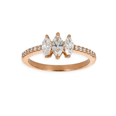 Anello trilogy oro rosa 18K con diamanti taglio navette con pavè diamanti round da 0.84 a 0.97 ct