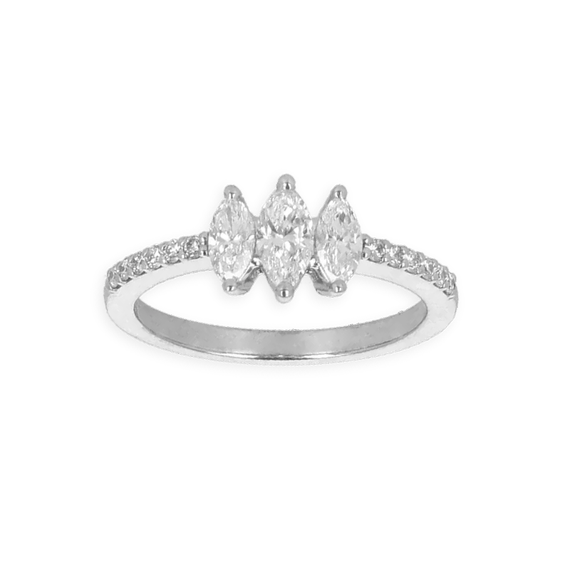 Anello trilogy oro bianco 18K con diamanti taglio navette con pavè diamanti round da 0.84 a 0.97 ct
