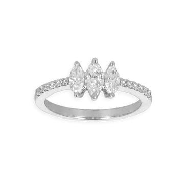 Anello trilogy oro bianco 18K con diamanti taglio navette con pavè diamanti round da 0.84 a 0.97 ct