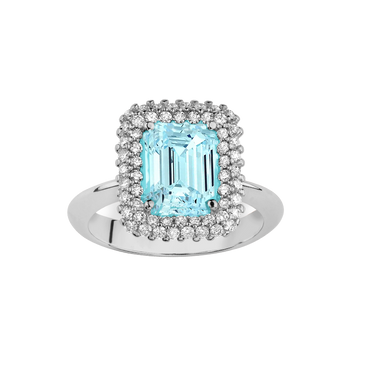 Anello Oro Bianco 18K con Diamanti e Acquamarina Ottagonale