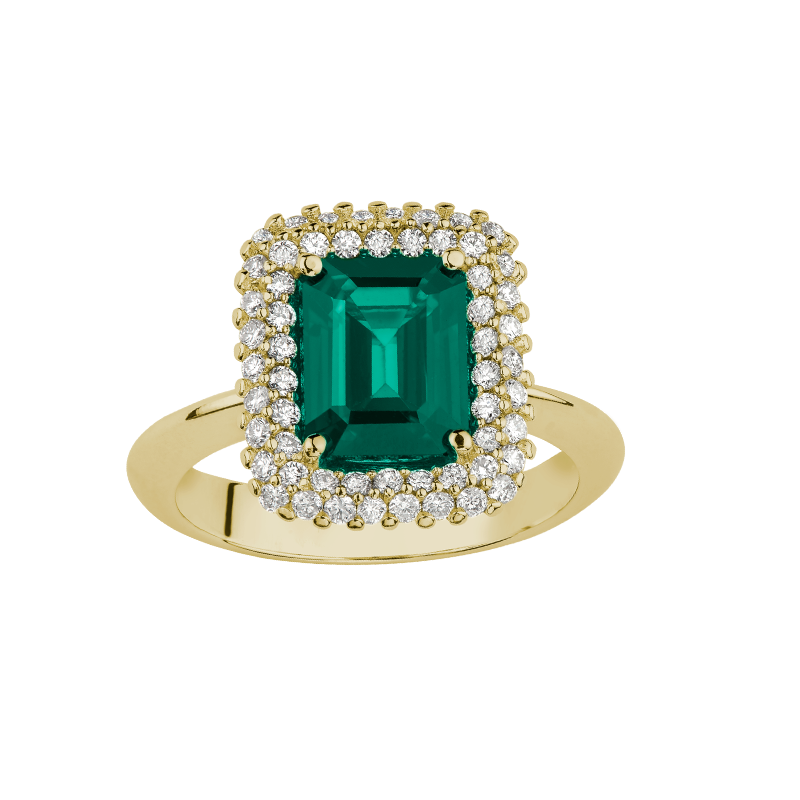 Anello Oro Giallo 18K con Diamanti e Smeraldo Ottagonale