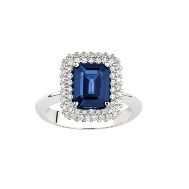 Anello Oro Bianco 18K con Diamanti e Zaffiro Ottagonale