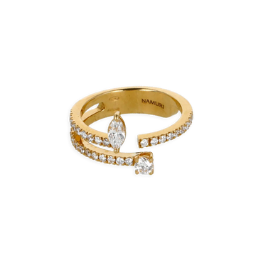 Anello in oro giallo 18K fantasia e 2 Diamanti Navette e Round