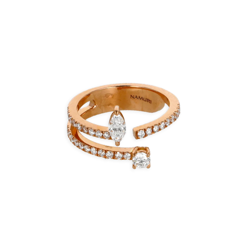 Anello in oro rosa 18K fantasia e 2 Diamanti Navette e Round