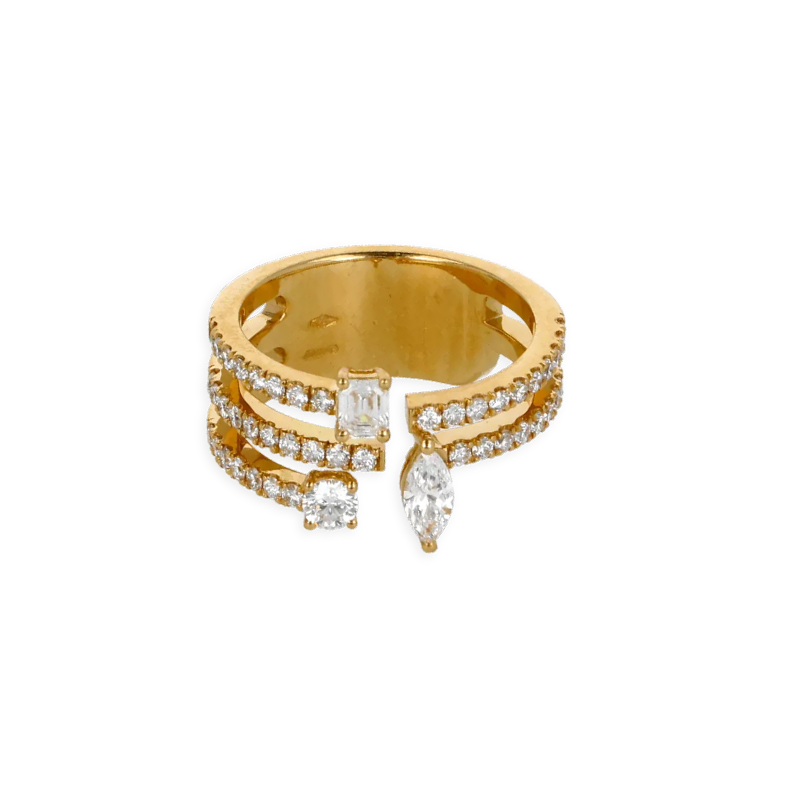 Anello in oro Giallo 18K fantasia con diamanti Emerald Navette e Round