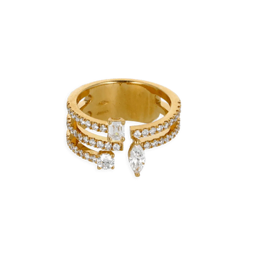 Anello in oro Giallo 18K fantasia con diamanti Emerald Navette e Round