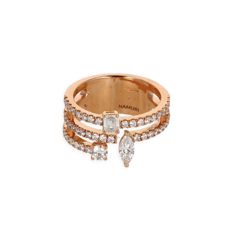 Anello in oro Rosa 18K fantasia con diamanti Emerald Navette e Round