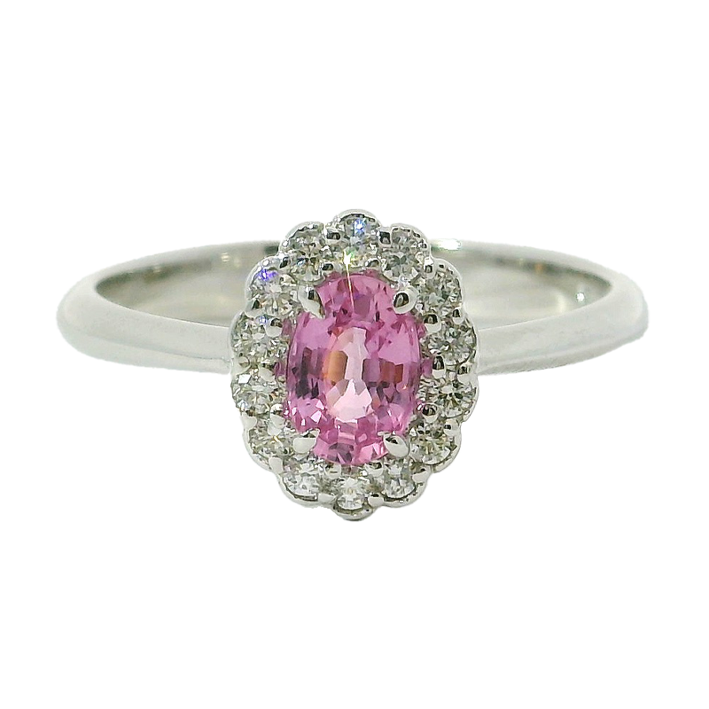 Anello oro bianco 18K con zaffiro rosa naturale centrale e contorno diamanti