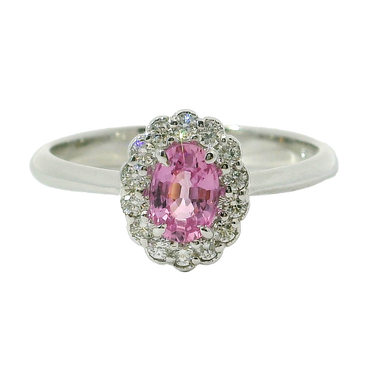 Anello oro bianco 18K con zaffiro rosa naturale centrale e contorno diamanti