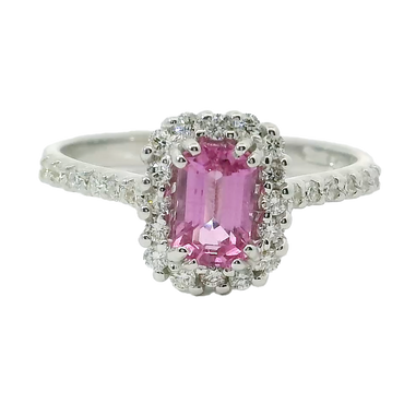 Anello oro bianco 18K con zaffiro rosa naturale emerald centrale con contorno e gambo di diamanti