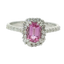 Anello oro bianco 18K con zaffiro rosa naturale emerald centrale con contorno e gambo di diamanti