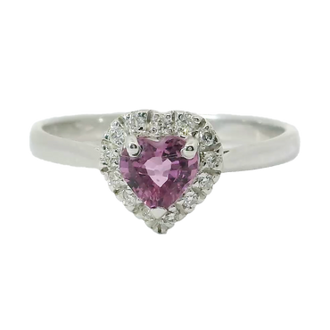 Anello oro bianco 18K con zaffiro rosa naturale cuore centrale e contorno diamanti