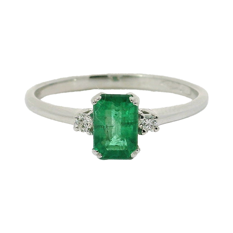 Anello oro bianco 18K con smeraldo emerald centrale e laterale diamanti