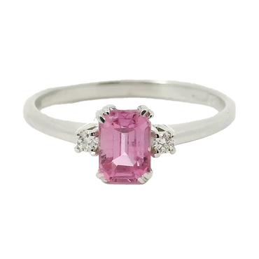 Anello oro bianco 18K con zaffiro rosa naturale emerald centrale e laterale diamanti