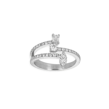 Anello Oro Bianco 18K fantasia 3 File Navette, Emerald e Round