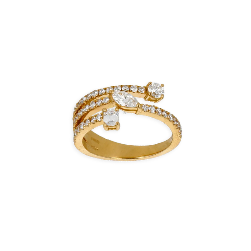 Anello Oro Giallo 18K fantasia 3 File Goccia, Emerald e Round