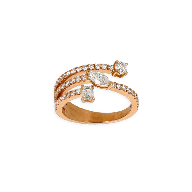 Anello Oro Rosa 18K fantasia 3 File Goccia, Emerald e Round