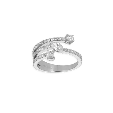 Anello Oro Bianco 18K fantasia 3 File Goccia, Emerald e Round