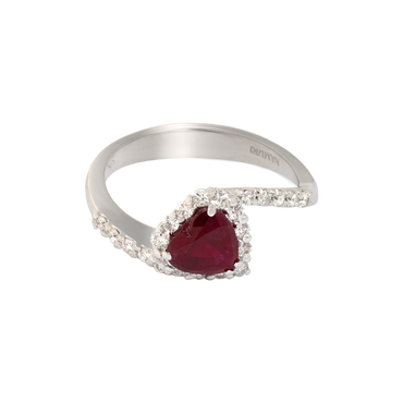 Anello contrariè oro bianco 18K con diamanti con rubino centrale a cuore