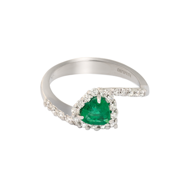 Anello contrariè oro bianco 18K con diamanti con smeraldo centrale a cuore
