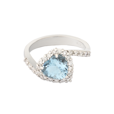 Anello contrariè oro bianco 18K con diamanti acqua marina taglio cuore