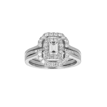 Anello Doppio Contorno Oro Bianco 18K con Diamanti Round e Emerald Cut