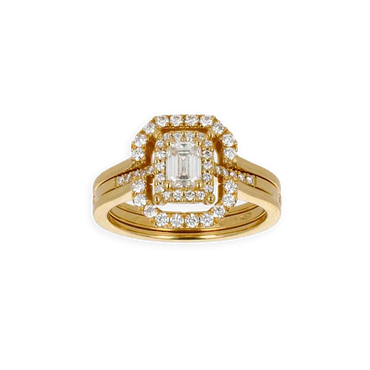Anello Doppio Contorno Oro Giallo 18K con Diamanti Round e Emerald Cut