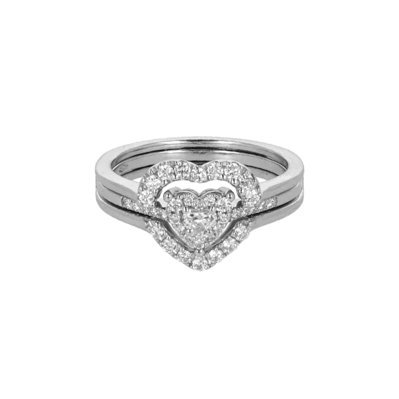 Anello Doppio Contorno Oro Bianco 18K con Diamanti Round e Heart Cut
