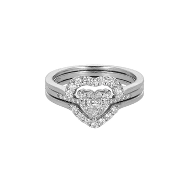 Anello Doppio Contorno Oro Bianco 18K con Diamanti Round e Heart Cut