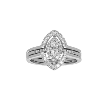 Anello Doppio Contorno Oro Bianco 18K con Diamanti Round e Navette Cut