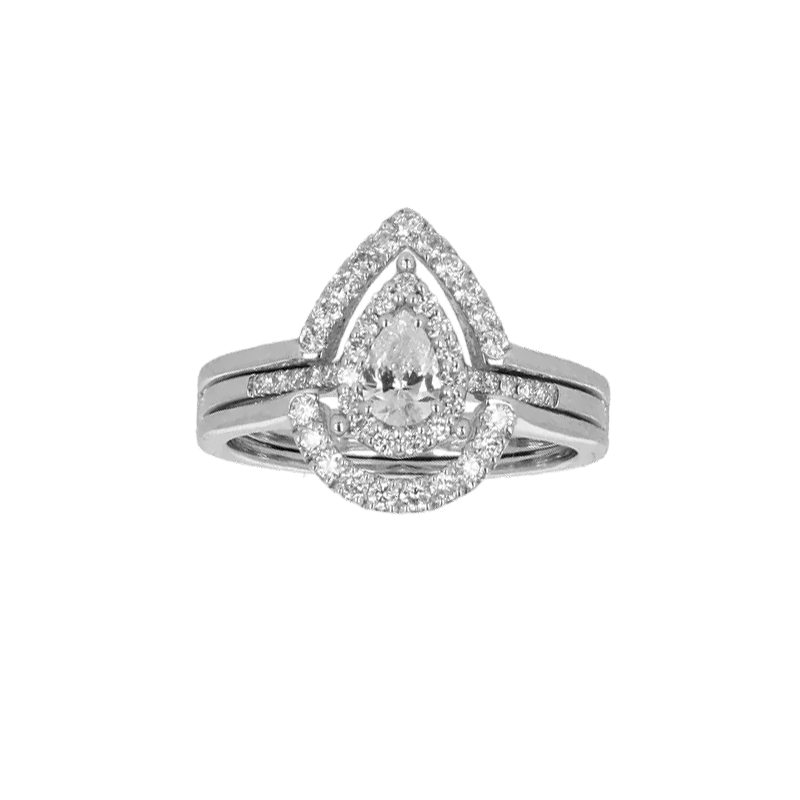 Anello Doppio Contorno Oro Bianco 18K con Diamanti Round e Pear Cut