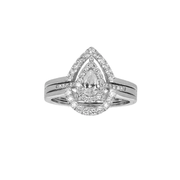 Anello Doppio Contorno Oro Bianco 18K con Diamanti Round e Pear Cut