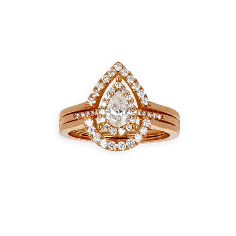 Anello Doppio Contorno Oro Rosa 18K con Diamanti Round e Pear Cut