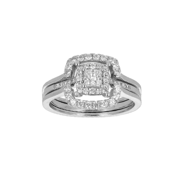 Anello Doppio Contorno Oro Bianco 18K con Diamanti Round e Princess Cut