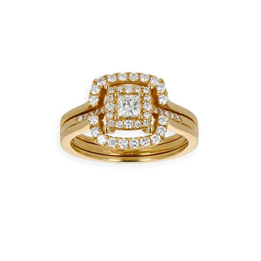 Anello Doppio Contorno Oro Giallo 18K con Diamanti Round e Princess Cut