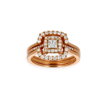 Anello Doppio Contorno Oro Rosa 18K con Diamanti Round e Princess Cut