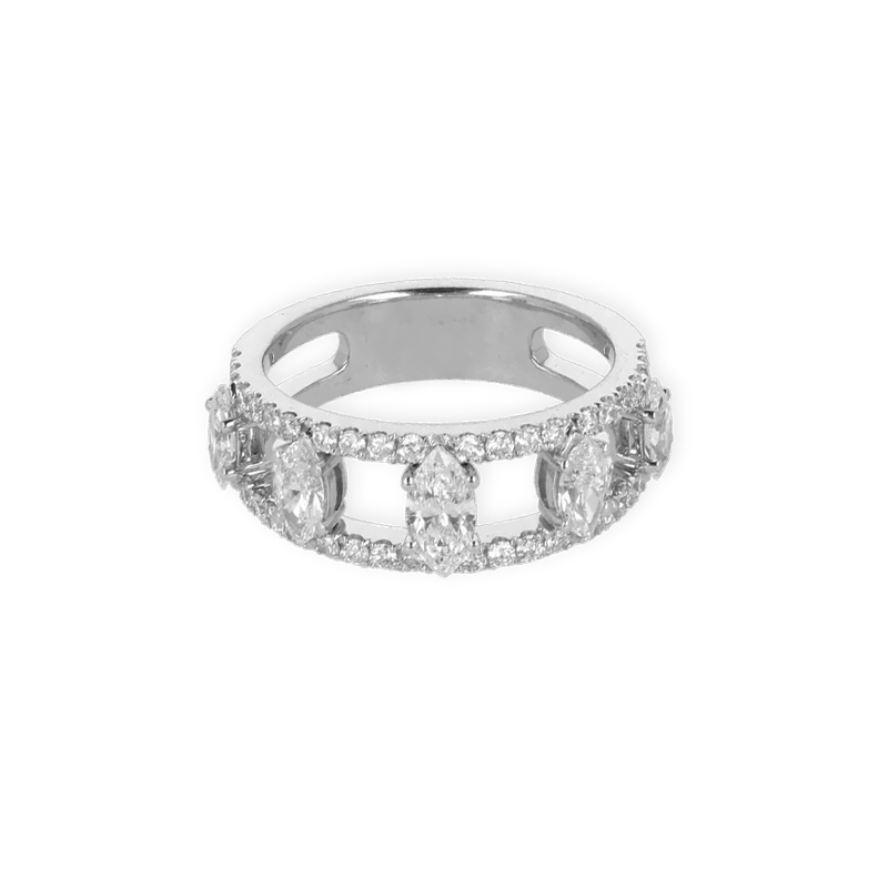 Anello Fantasia doppia fedina in oro bianco 18K con 5 diamanti taglio navette