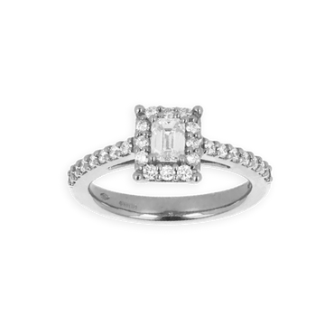 Anello Oro Bianco 18K con Diamanti Round e Emerald Cut