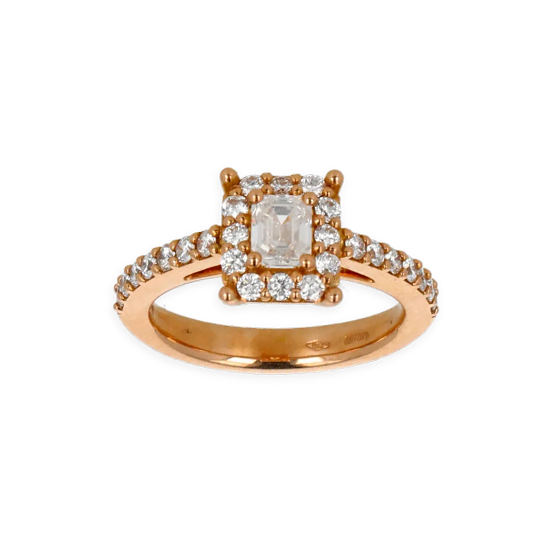 Anello grande in oro rosa 18K con diamanti con centrale emerald cut