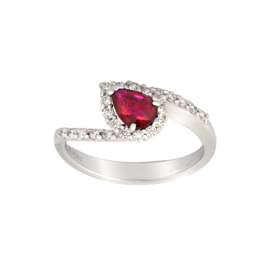 Anello contrariè oro bianco 18K con diamanti con rubino centrale a goccia