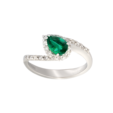 Anello contrariè oro bianco 18K con diamanti con smeraldo centrale a goccia