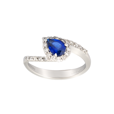 Anello contrariè oro bianco 18K con diamanti con zaffiro centrale a goccia