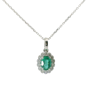Ciondolo oro bianco 18K con smeraldo centrale e contorno diamanti