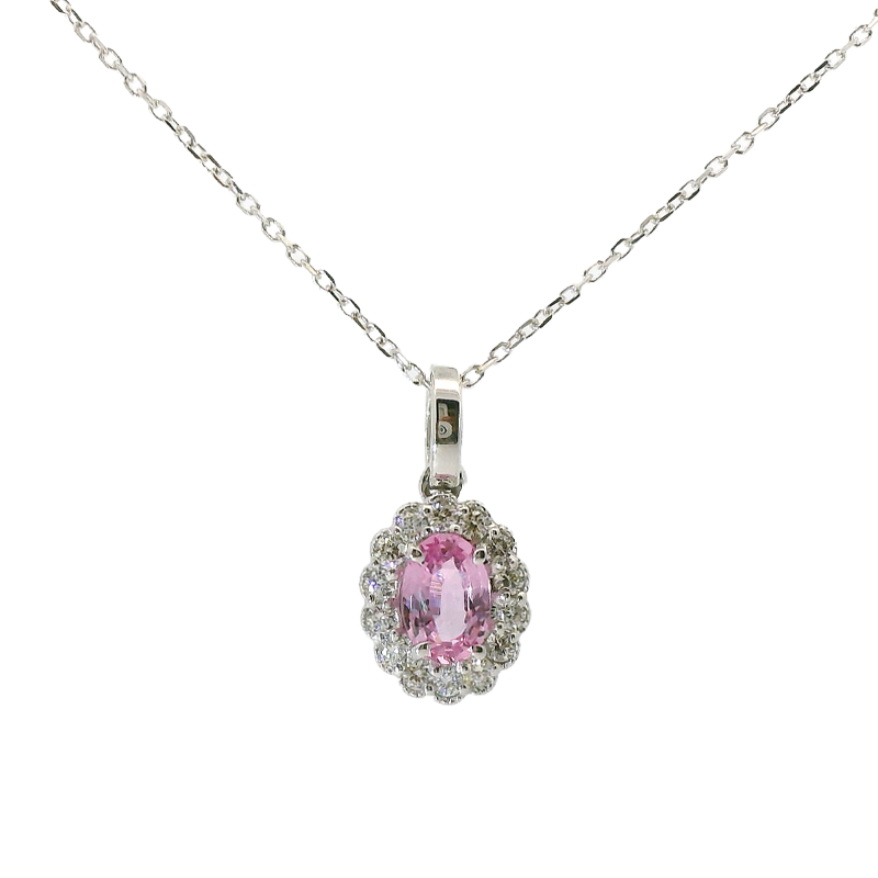 Ciondolo oro bianco 18K con zaffiro rosa naturale centrale e contorno diamanti