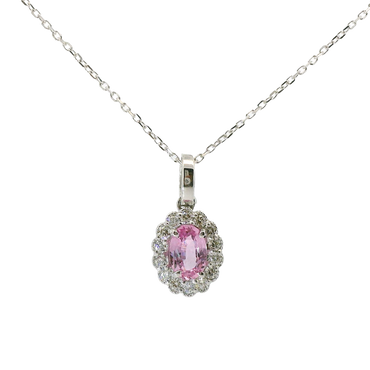 Ciondolo oro bianco 18K con zaffiro rosa naturale centrale e contorno diamanti