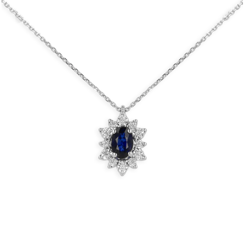 Pendente oro Bianco 18K con Diamanti e Centrale Zaffiro