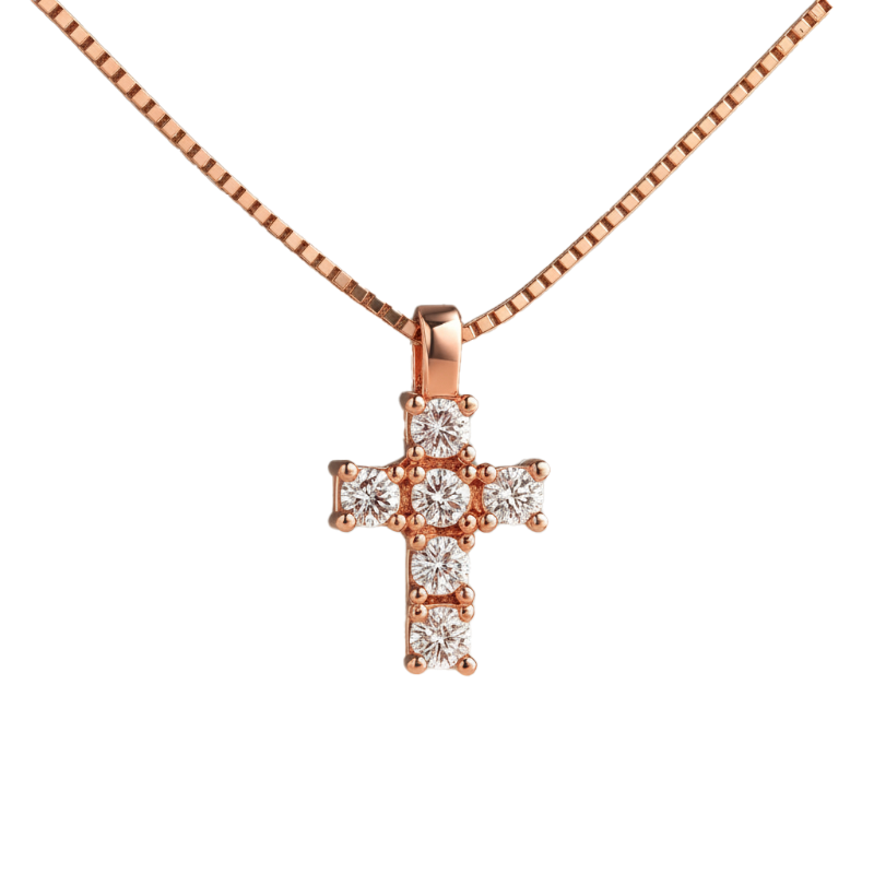 Croce diamanti e oro rosa 18K con catena passante da 0.10 a 0.22 ct